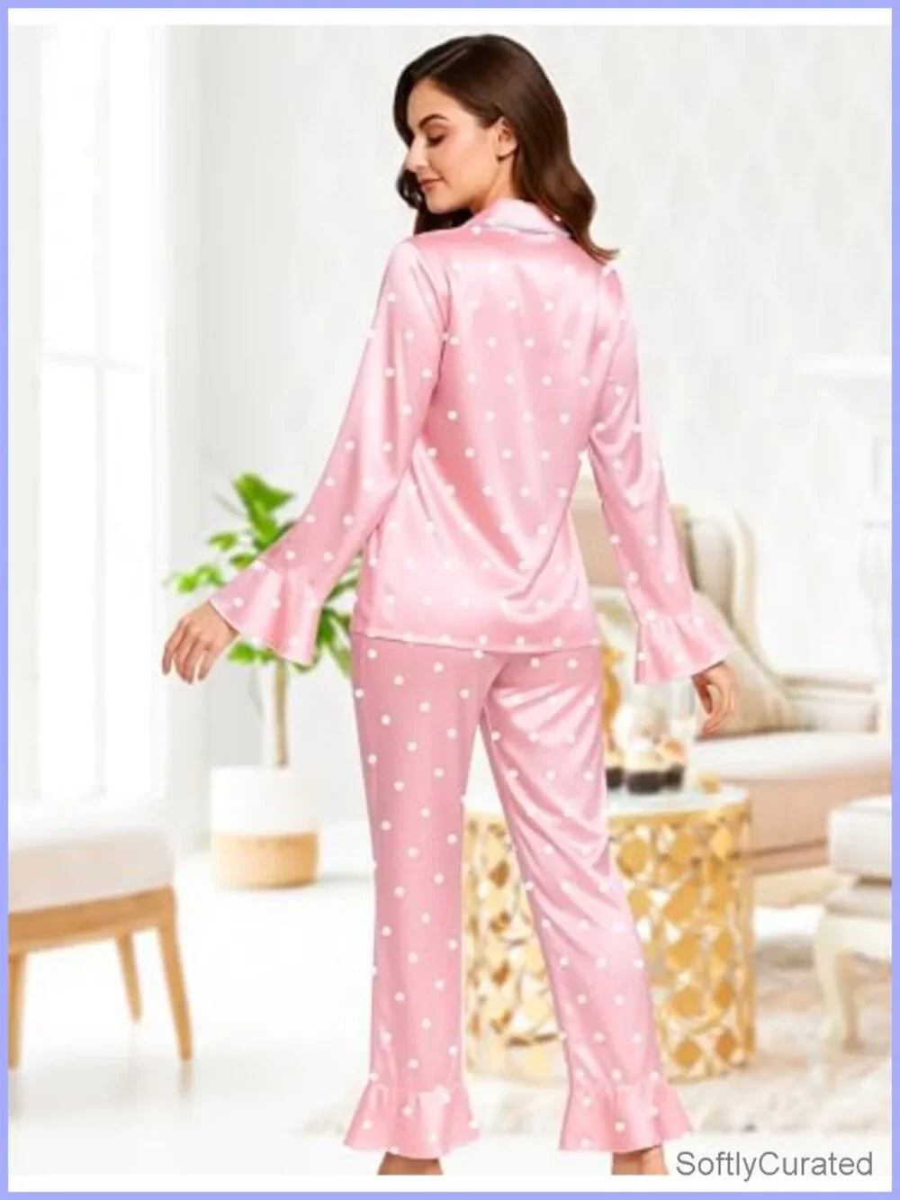 5 Pc Satin Pajama Set Long Sleeve Ruffle Button Down Pjs Sleepwear Loungewear
